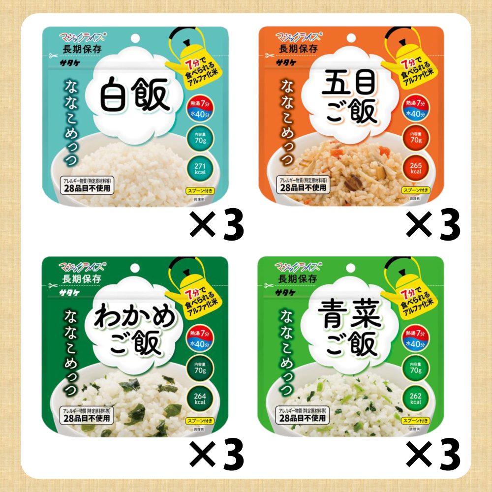 7年保存 アルファ米 サタケ マジックライス ななこめっつ 4種類 12食セット