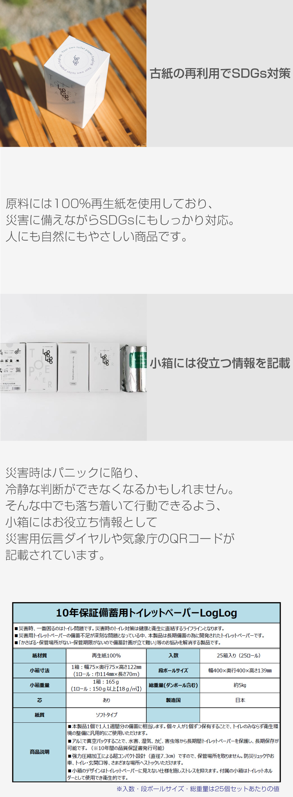 10年保証LogLog 備蓄用トイレットペーパー 長尺70m巻 75個セット/個包装 アルミ蒸着真空パック